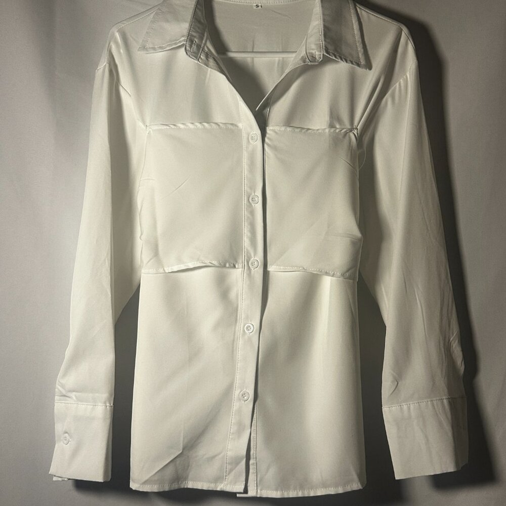 White Button Front Blouse Tie Back Long Sleeve Top Size S
